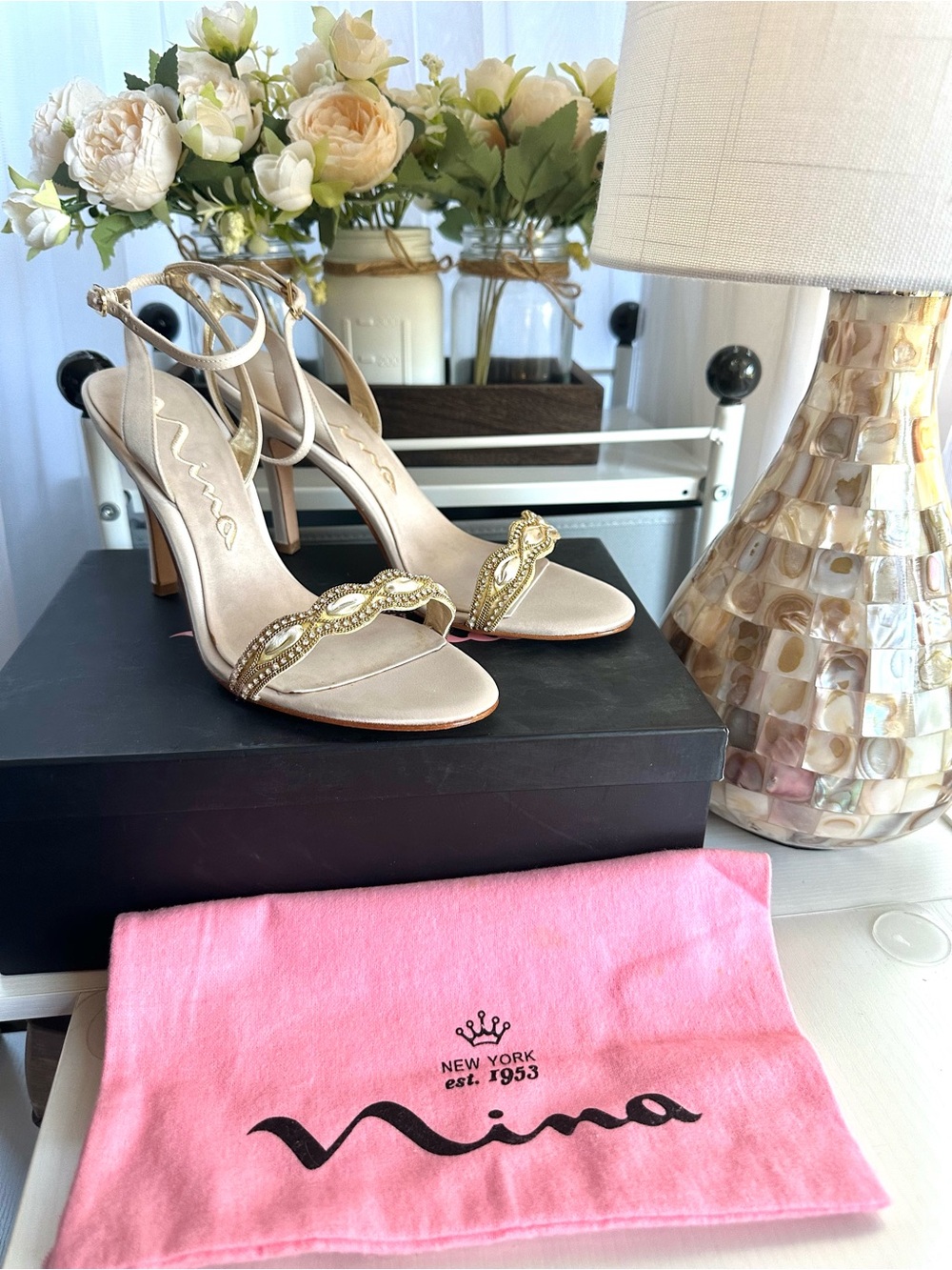 Nina Champagne Satin Beaded Heels NIB Leather Sole Wedding Shoes Sz 9 - Picture 8 of 10